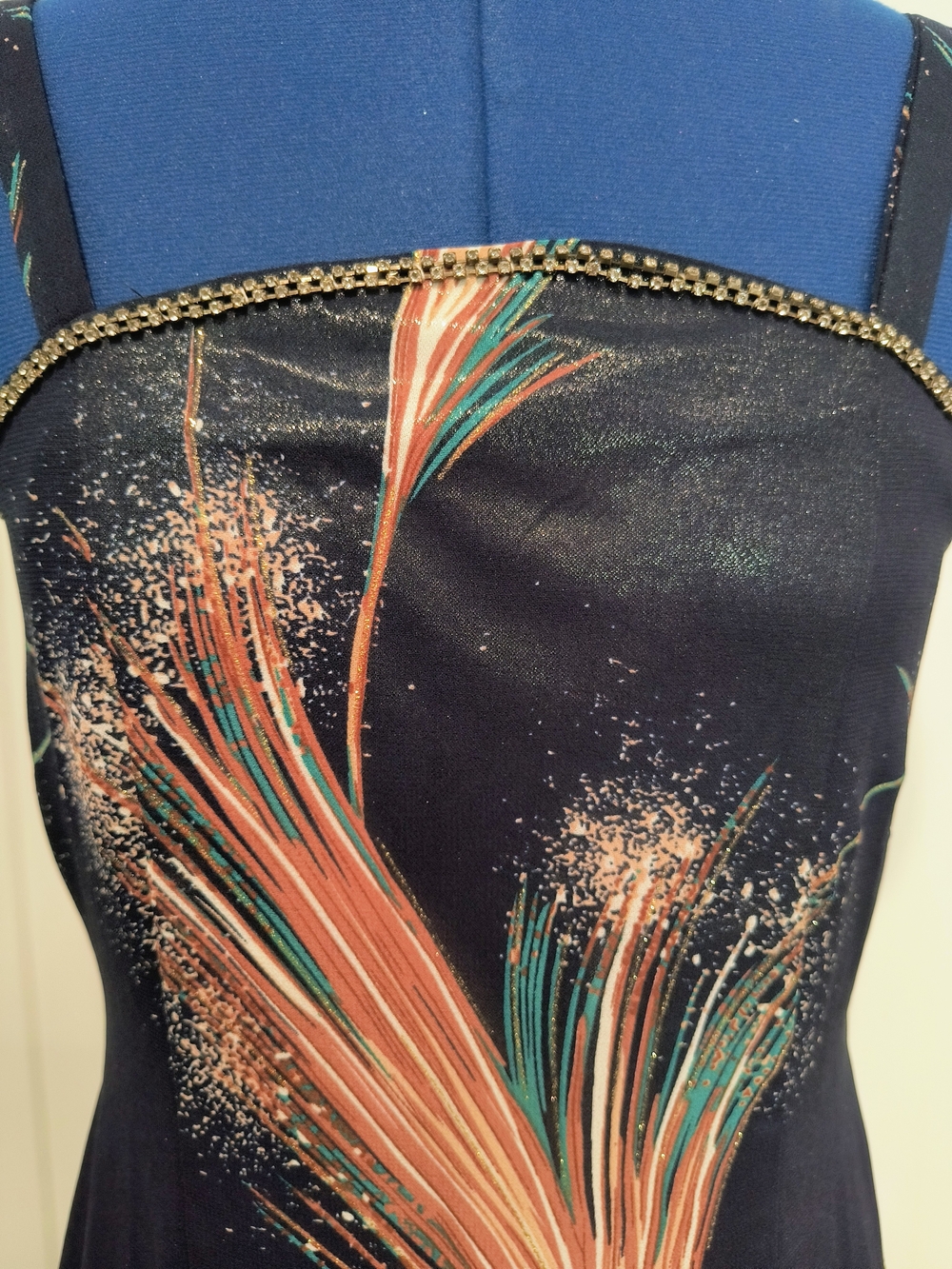 Navy Blue Maxi Dress with Coral & Teal Feather Print - Picture 4 of 7